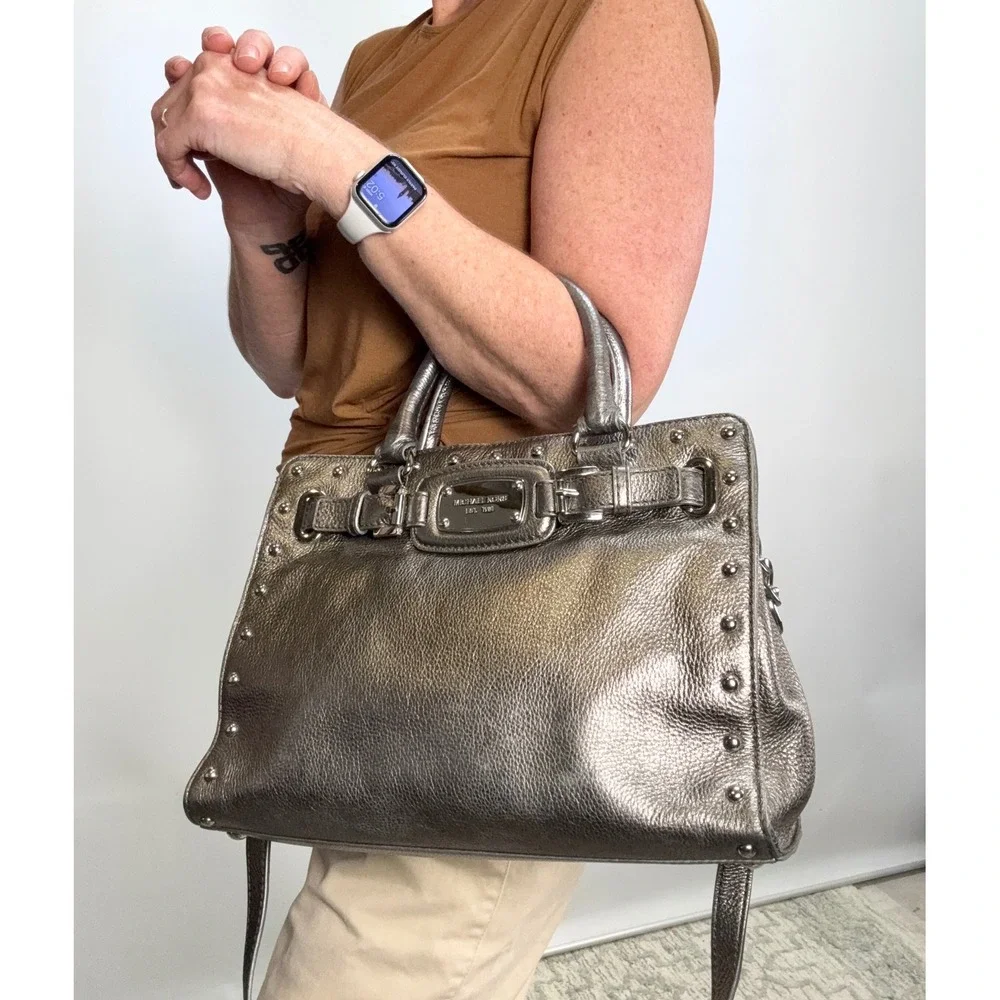 Michael Kors Hamilton Satchel Metallic Pewter Studded Leather Crossbody Bag